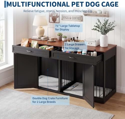 71'' Dog Crate Furniture for 2 Dogs, Dog Crate with 2 Drawer, Farmhouse Dog Crate with Removable Divider Dog Kennel Furniture, Heavy Duty Dog Cage and TV Stand for Large Medium Dogs