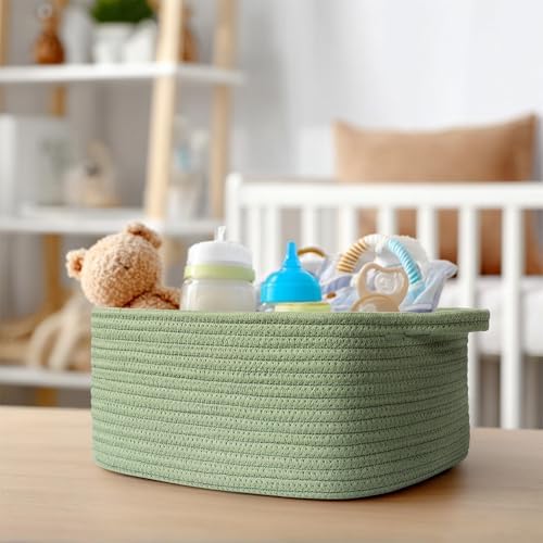 Cute Green Woven Basket, Empty Gift Basket for Christmas, Thanksgiving, Easter, Birthday, Cotton Rope Storage Bin with Handle for Gift, Dog Toy Box, Baby Nursery Organizer, Green Room Decor