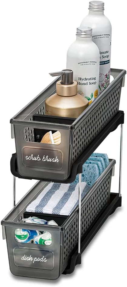madesmart Premium Small 2 Tier Organizer, Under Cabinet Storage with Sliding Drawers, for Cleaning Supplies, Pantry, Sponges, Bottles, Adjustable Dividers & Pull Out Sliding Baskets, Carbon