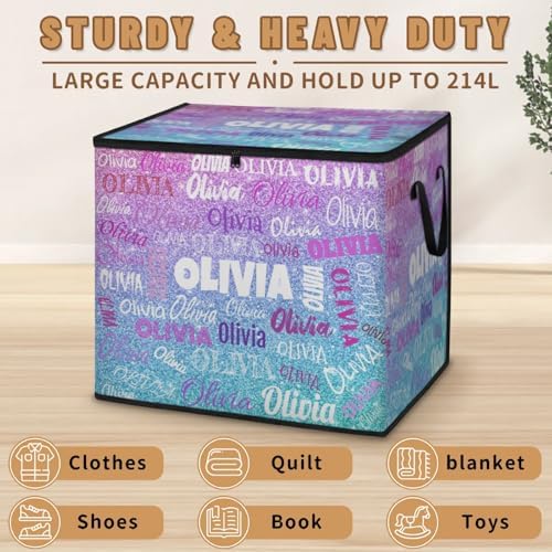 Custom Extra Large Storage Baskets Named with Lid, Personalized Storage Bins Basket Boxes Handles for Clothes Blanket Bedroom Closet Organizing Toys Shelves, Pink Blue Glittery Sequins