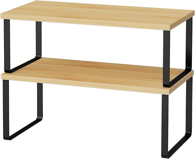 OGEMXU Cabinet Shelf Organizers, 15.7 inches Large Kitchen Counter Shelf, Set of 2 Wood Kitchen Pantry Organizer, Storage Shelves for Countertop, Spice Rack, Stackable, Expandable, Metal Black, Nature