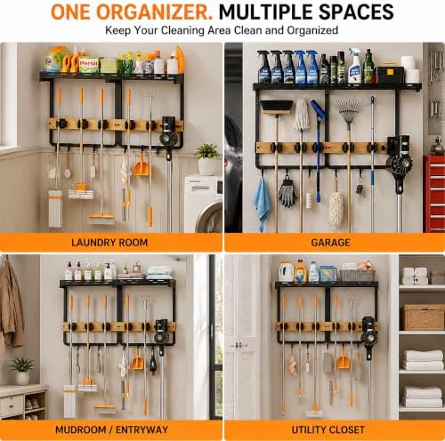 Mop and Broom Holder Wall Mount with Shelf,Vacuum holder,5 Grips,6 Hooks | 3-in-1 Cleaning Supply Wall Organizer,Top Shelf with Railing,Storage Rack for Laundry Utility Garages Kitchens,