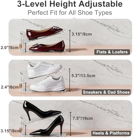 FUSHITON Shoe Organizer for Closet, Stackable Shoe Rack with 3 Adjustable Heights, Double Layer Space Saving Clear Holder for Small Apartment and Dorm Room, 10 Pack