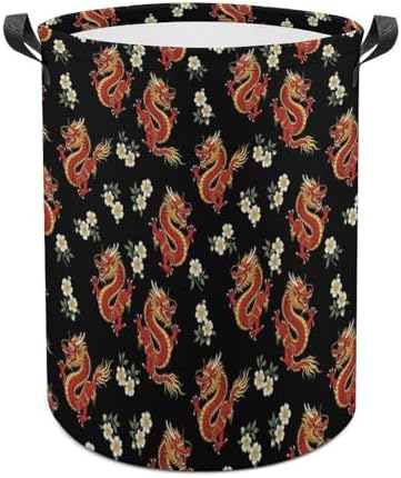 Foldable Laundry Organizer with Handles Floral Chinese Japanese Dragon Flower, Waterproof Hamper Basket for Clothes, Toys, and Bedroom Storage Solutions