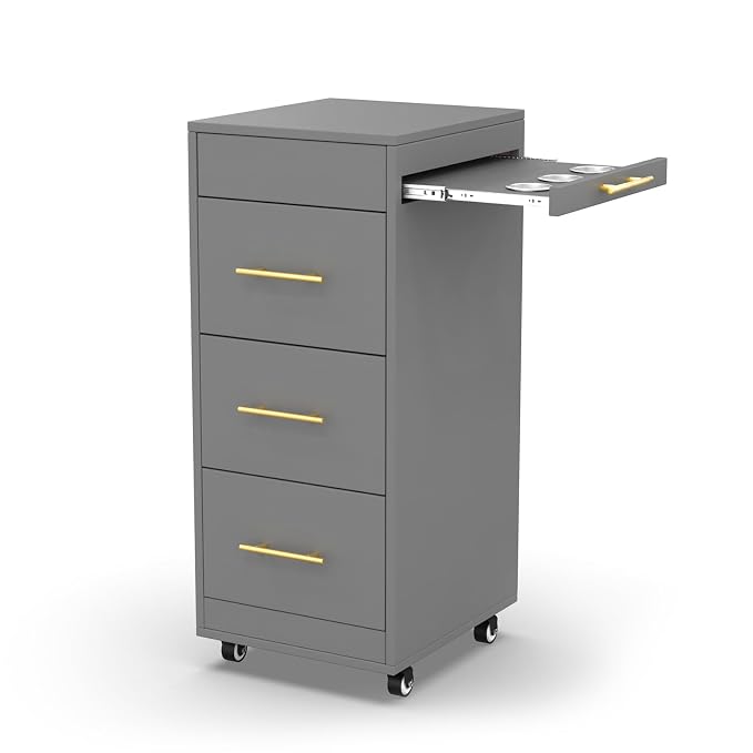 Salon Trolley Cart with Wheels, Wooden Hair Storage Cabinet, Stylist Cart Mobile Hairdressing Barber Station for Beauty Spa Barbershop, 3 Large Drawers, 3 Hot Tool Holders, Grey