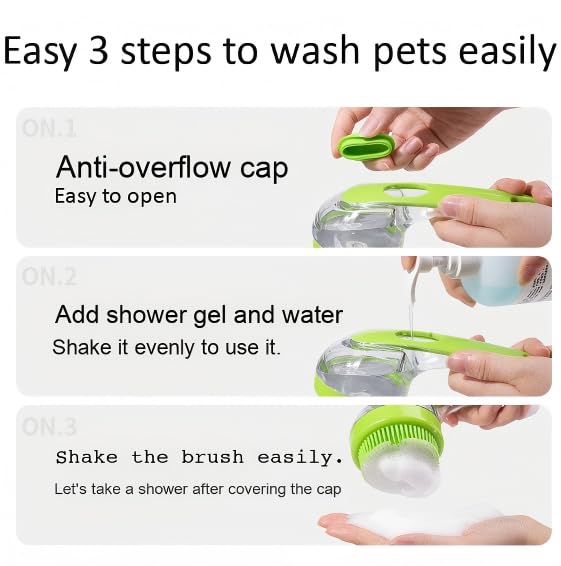 Pet Bath Brush with Shampoo Dispenser, Silicone Bristles, Ergonomic Handle, Green, 3-in-1 Shower Massage Tool for Dogs and Cats (Green)