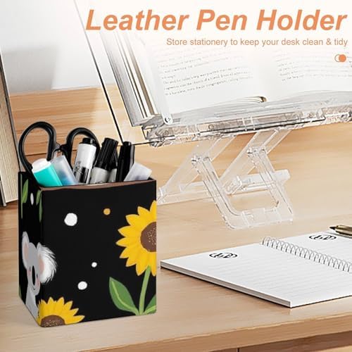 Pen Holder Square Desktop Organizer Pencil Cup For Desk, Office, Home And Stationary Supplies Cute Koala Black Yellow Sunflower