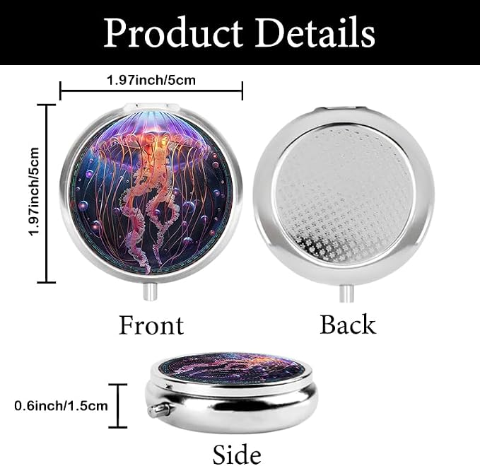 Portable Round 3 Compartment Metal Pill Box Beautiful Fantasy Jellyfish Digital Art High Detail for Organizing Supplements Traveling or Gift Giving