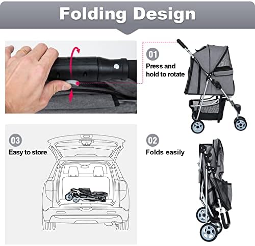 BestPet | 3-Wheel Foldable Pet Stroller | Grey | Lightweight & Portable | Travel Carrier with Mesh Windows, Storage Basket, Cup Holder, Safety Brakes, and Waterproof Fabric | For Small Dogs and Cats