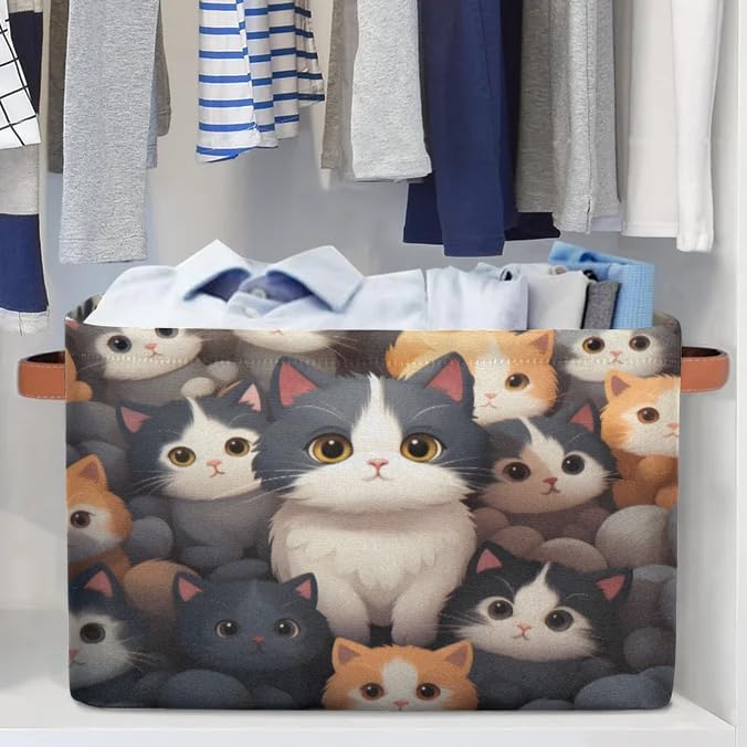Cute Cats Storage Baskets Collapsible Storage Boxes Nursery Basket with Handles Fabric Storage Organizer Bins for Closet Shelves Book Cloth 15 X 11 X 9.5 IN