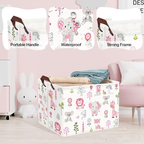 Clastyle Large Woodland Animal Baby Shower Bakset Pink Book Gift Bin, 36L | Foldable Dirty Clothes Toy Organizer Bin, Playroom Bedroom Bathroom, Girl Nursery Decor Laundry Hamper, Jungle Elephant Lion
