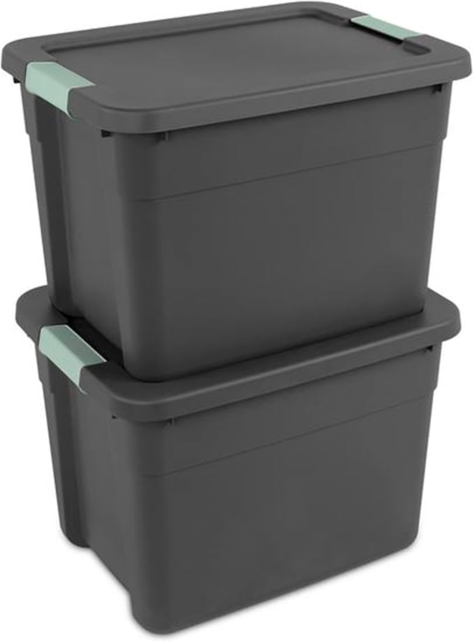 Sterilite 18 Pack Latch Tote, Stackable Plastic Storage Container, 12 Gallon, Gray/Green