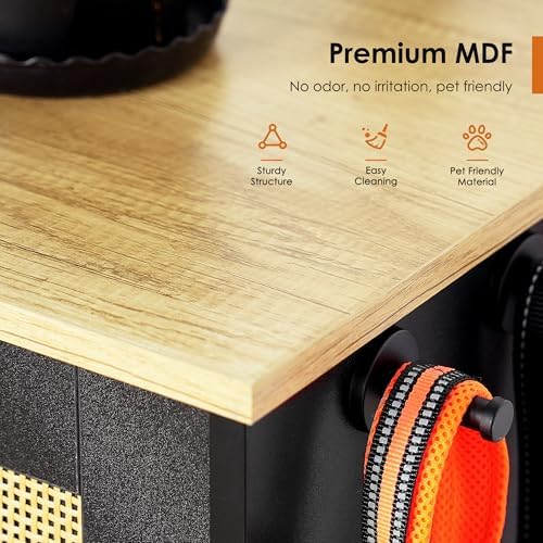 Pet Feeding Station Cabinet with Hidden Pull Out Elevated Stainless Steel Bowls, Rattan Doors, Side Hooks, Anti Tipping Kit, Storage Lockers, Organizer for Food, Treats, Toys, Leashes, Supplies