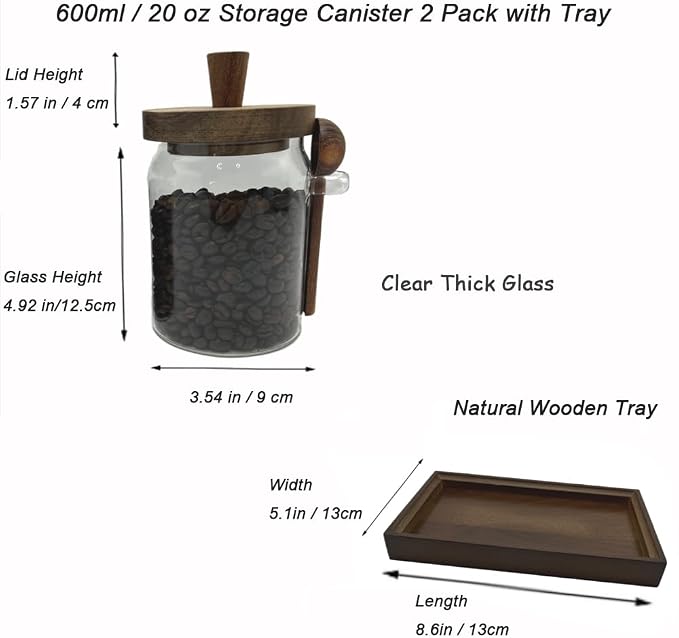 Glass Jars with Brown Wooden Lids and Scoops 20oz 2Pack with Tray, Airtight Food Storage Containers with Tray for Sugar Coffee Bean Candy Spice