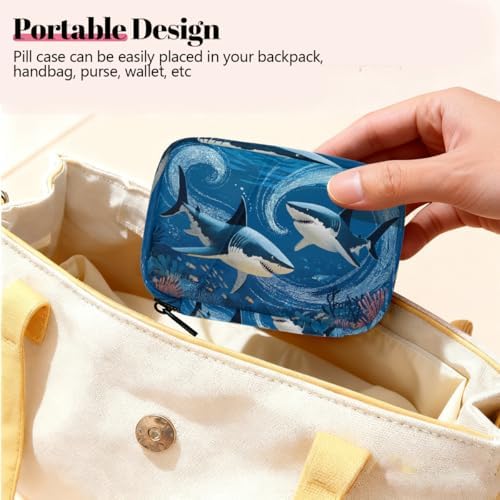 Weekly Pill Organizer Travel Size Bag with Removable 7 Day Pill Box Portable Vitamin Case Purse with Zipper,Sharks Underwater Coral Fish