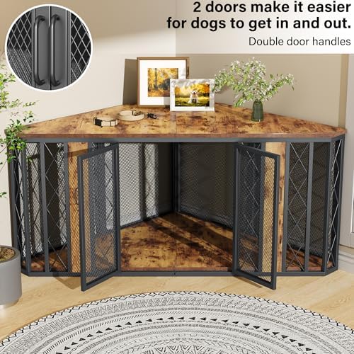 kepptory 67" Corner Wooden Dog Crate Furniture with Diamond Metal Decoration, Pet Kennel for Small, Medium and Large Dogs, Space-Saving Dog Cage for TV Stand(Brown)
