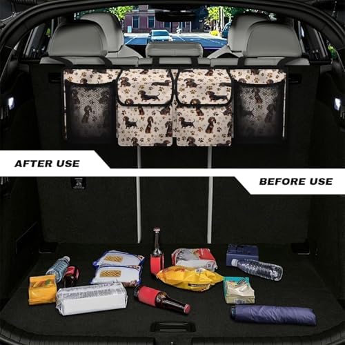 Dreaweet Cute Dachshund Car Trunk Organizer for Sedan Collapsible Hanging Car Storage Organizer Accessories Interior for Women Large Capacity 4 Pockets Car Organizer for SUV Trucks Minivan