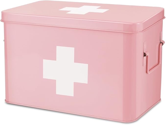 Flexzion Large Metal First Aid Box Empty, 13-Inch, Pink with White Cross | Vintage Medicine Box and First Aid Storage Organizer with Removable Tray and Dividers; Empty Box Only, Supplies Not Included