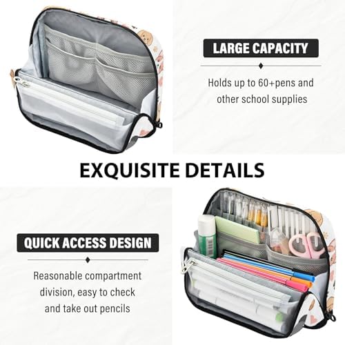 Emelivor Dogs Pets Puppies White Pattern Large Capacity Pencil Case Stand Up Pencil Pouch for School Office Aesthetic Pen Organizer Bag with Pockets Portable Makeup Pouch for Kids Adults Boys Girls