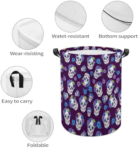 Large Capacity Foldable Hamper Flowers And Skulls Purple, Waterproof Laundry Basket with Handles for Bedroom, Bathroom, and Clothes Storage