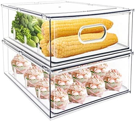 2Pack Stackable Fridge Drawers Pull-Out Bins Divided Produce Saver Containers for Refrigerator Storage Organizers for Veggie Fruit Berry Pantry Cabinet Makeup Clothes