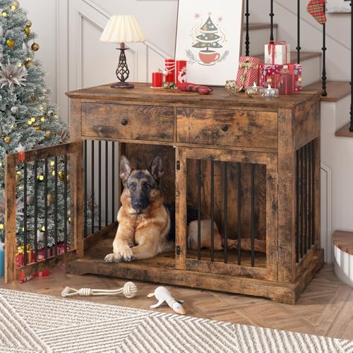 PRETZI Dog Crate Furniture, 44 Inch Wooden Dog Kennel Indoor with 2 Storage Drawers, Heavy Duty Large Crate Furniture, Rustic Style Decorative End Table Cage for Small/Medium/Large (Brown)