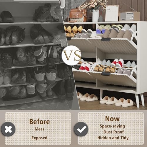 KIGOTY Narrow Shoe Storage Cabinet, Shoe Cabinet with 4 Flip Drawers, Freestanding Shoe Organizer with Legs for Entryway, Slim Shoe Rack Cabinet for Enterway (White, 4 Flip Drawer)
