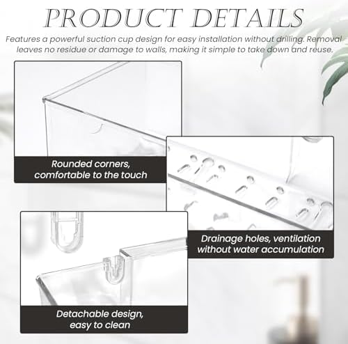 Huakaile 15''/38.2 CM Corrugated Suction Cup Storage Holder Shelf, Wall-Mounted Suction Shower Caddy with Drainage Holes & 4 Hooks No Drill Movable Rack Organizer for Bathroom Kitchen (Clear)