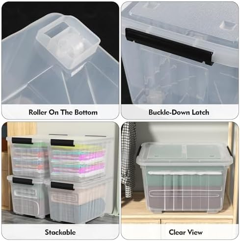 30 L Stackable Storage Bins with Lids, Clear Plastic Storage Containers, Stackable Organization Boxes with Secure Latching Lids/Wheels, Set of 4