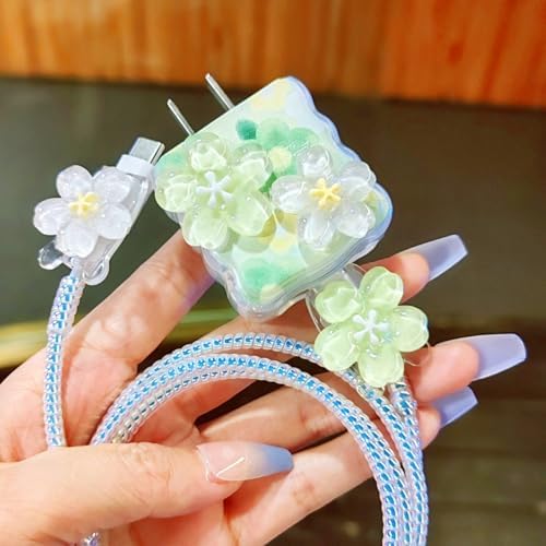 Cute Flower Cable Protector for iPhone iPad 18W/20W Charger Cover,Elegant 3D Floral Charger Cord Protector,Data Line Wire Saver,DIY Charging Cord Protector for iPhone 12 13 14 15 16 Plus Pro Max-Green