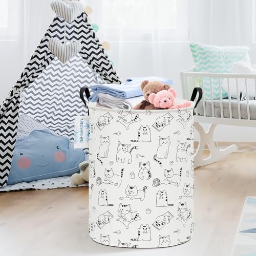 Round Laundry Basket Collapsible Storage Hamper Organizer Cat | Waterproof Canvas Foldable Baskets with sturdy Handles Multi-scene Organizer for Home Play Bedroom Gift Bin