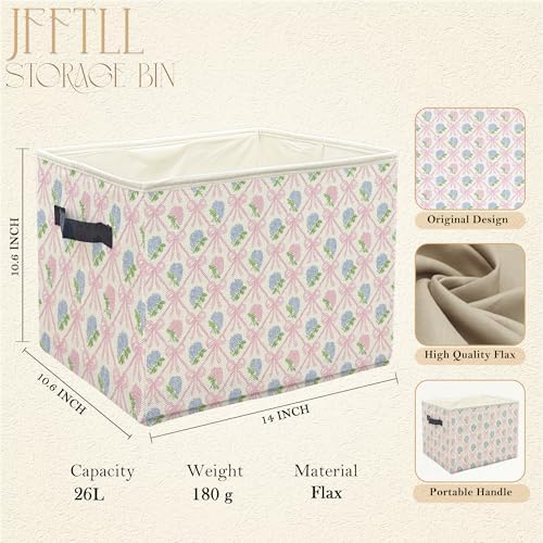 Coquette Pink Bow Hydrangea Floral Storage Bins with Handles, Pink and Blue Grandmillennial Flower Collapsible Laundry Basket Storage Box for Home Bedroom Bathroom Clothes Toys Books