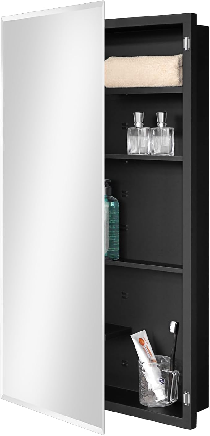 Black Metal Medicine Cabinet, 20 x 36 Beveled Mirror, Recessed Wall Storage | Recessed or Surface Mount Mirrored Cabinet with Adjustable Staggered Shelves, Piano Hinge, Reversible Door Swing, Matte Black