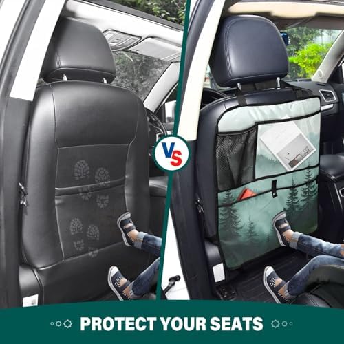 1 Pack Back Seat Car Organizer with Storage Pockets Kick Mats Back Seat Protector Hanging Car Organizer Automotive Seat Back Cover Organizers Green Mountains and Pine Trees