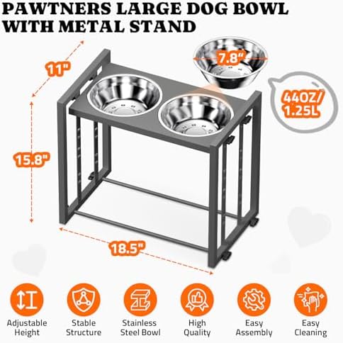 Pawtners Elevated Dog Bowl for Medium Breed, Adjustable Raised Feeder, Grey