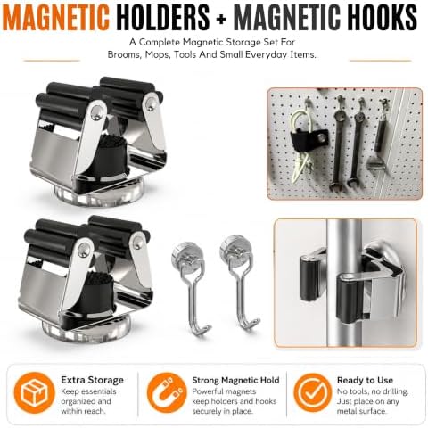 3-H 8 Pack Magnetic Broom Holder with 8 Pack Mini Magnetic Hooks,Silver | Stainless Steel No Drill Mop Holder, Movable Magnet Tool Organizer for Garage Laundry Kitchen Garden RV