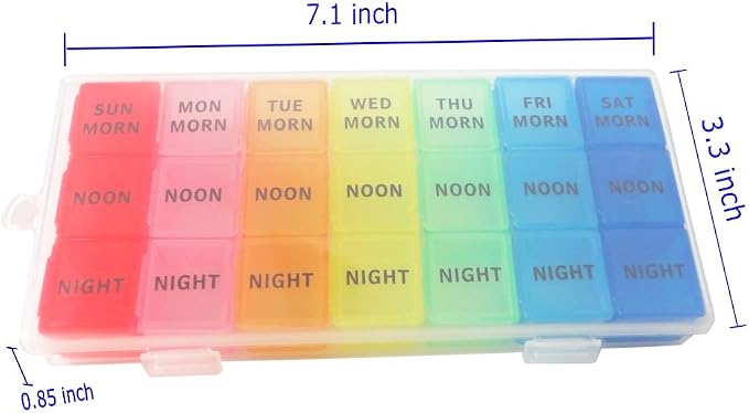 Weekly Pill Organizer, 3 Times a Day, Portable 7-Day Pill Box Case | Travel Prescription Pill Case Dispenser, Vitamin Fish Oil Compartment Container, Daily Calcium DHA Supplement Holder Reminder