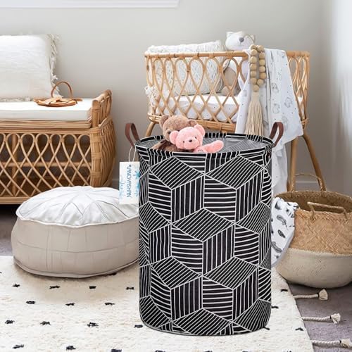 Round Laundry Basket Collapsible Storage Hamper Organizer Black diamond | Waterproof Canvas Foldable Baskets with sturdy Handles Multi-scene Organizer for Home Play Bedroom Gift Bin