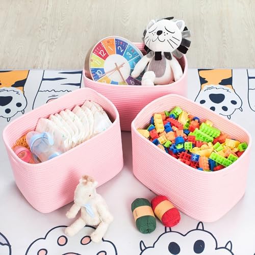 MINTWOOD Design 3-Pack Decorative Woven Storage Baskets for Shelves, Cube Bin Box for Organizing Books, Shoes, Dog Toys, Pantry Closet and Living Room Organizer, Soft Pink