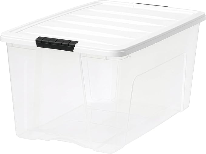 IRIS USA 72 Qt Storage Bins with Lids, 8 Pack, BPA-Free, Clear/White | Great for storing clothing, blankets, moving supplies, garage gear, and seasonal household items.