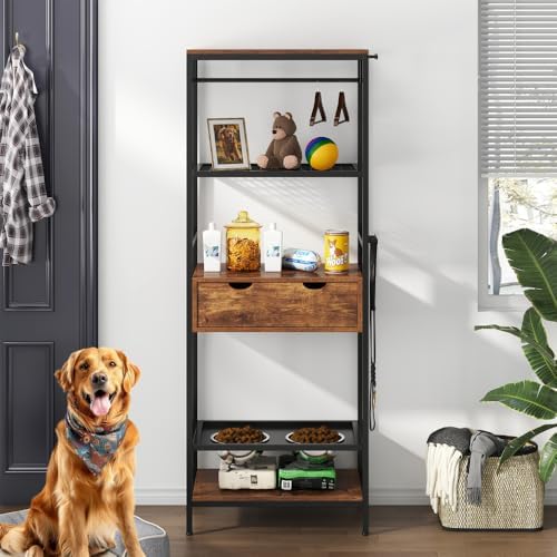 Ergonomic Raised Dog Feeding Station with Adjustable Height Bowls and Built-in Storage Shelves for Medium to Large Breeds