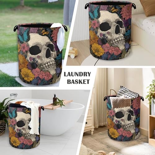 Skeleton Laundry Basket,Butterfly Flowers Oxford Cloth Laundry Hamper with Handle Foldable Portable Clothes Storage Basket for Bathroom Bedroom Dorm Room 16" x 20.8"