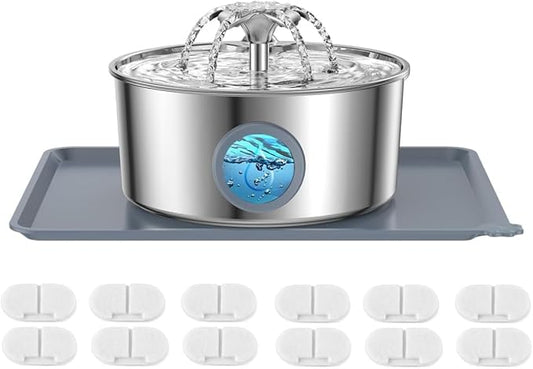 LucidShine 108oz/3.2L Stainless Steel Cat Water Fountain with 12 Filters (up to 1-Year Supply), Large Capacity Dog Water Fountain, Ultra Quiet Automatic Metal Pet Water Dispenser