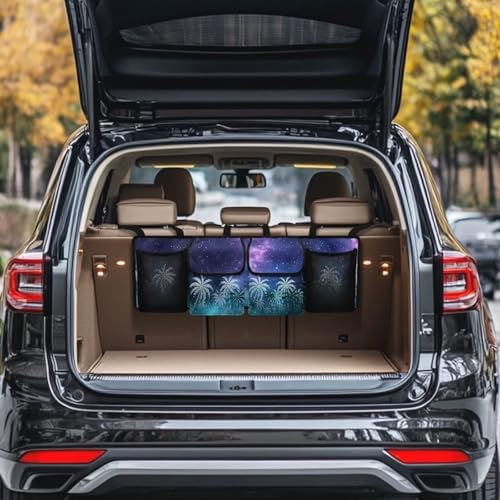 Starry Night Vacation Style Hanging Organizer for Car Trunk Auto Back Seat Storage Bag with 2 Pockets 2 Mesh Pouches Collapsible Detachable Automotive Interior Accessories