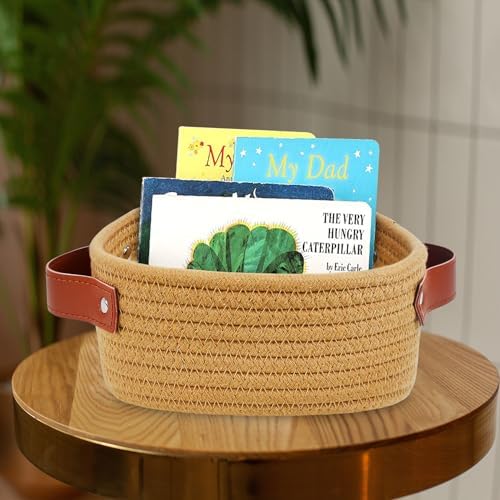 ABenkle Small Storage Basket, Mini Baskets, Cute Rope Woven Baskets for Organizing, Square Shelf Storage with Handle, Boho Decorative Toy Bin for Nursery, Spa, Empty Gift Basket - XS, Brown