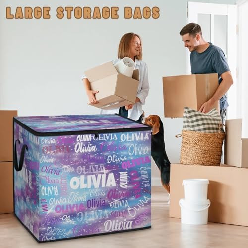 Custom Comforters Storage Basket with Lid, Personalized Name Large Organizer Bin for Pet/Children Toys, Books, Clothes, Perfect for Rooms/Playroom, Purple Blue Galaxy with Stars