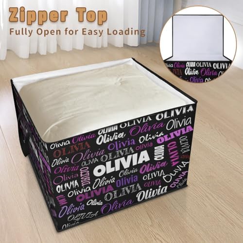 Custom Name Storage Bin with Lid, Personalized XL Storage Basket with Handles Zippers for Organizing Comforters, Blankets, Bedding Closet Shelf Baskets, Solid Black Background