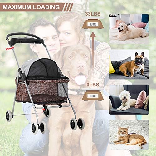 Meet Perfect Pet Stroller for Small/Medium Dogs & Cats, Leopard, Foldable | Waterproof fabric helps protect pets during outdoor travel; Mesh panels provide ventilation and visibility.