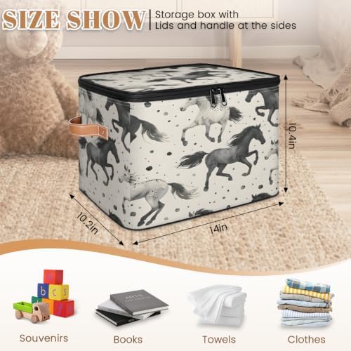 Vintage Horse Storage Box with Zipper Lid | Collapsible, Fabric, Storage Bin, Handle, Large, Closet Organizer, Containers, Bedroom, Home, Horses Theme