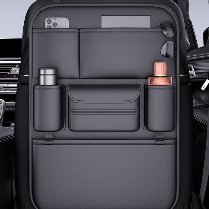 Leather Car Seat Organizer for Cars, SUV & Truck - Back Seat Headrest Storage Organizer with 6 Pockets, Large Capacity Waterproof Car Organizer Pocket for Phone, Bottle, Tissue, Toys